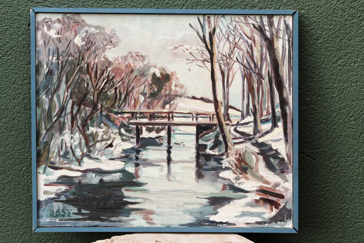 Oil on canvas from the 1950s, snowy landscape.