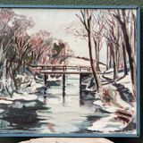 Oil on canvas from the 1950s, snowy landscape.