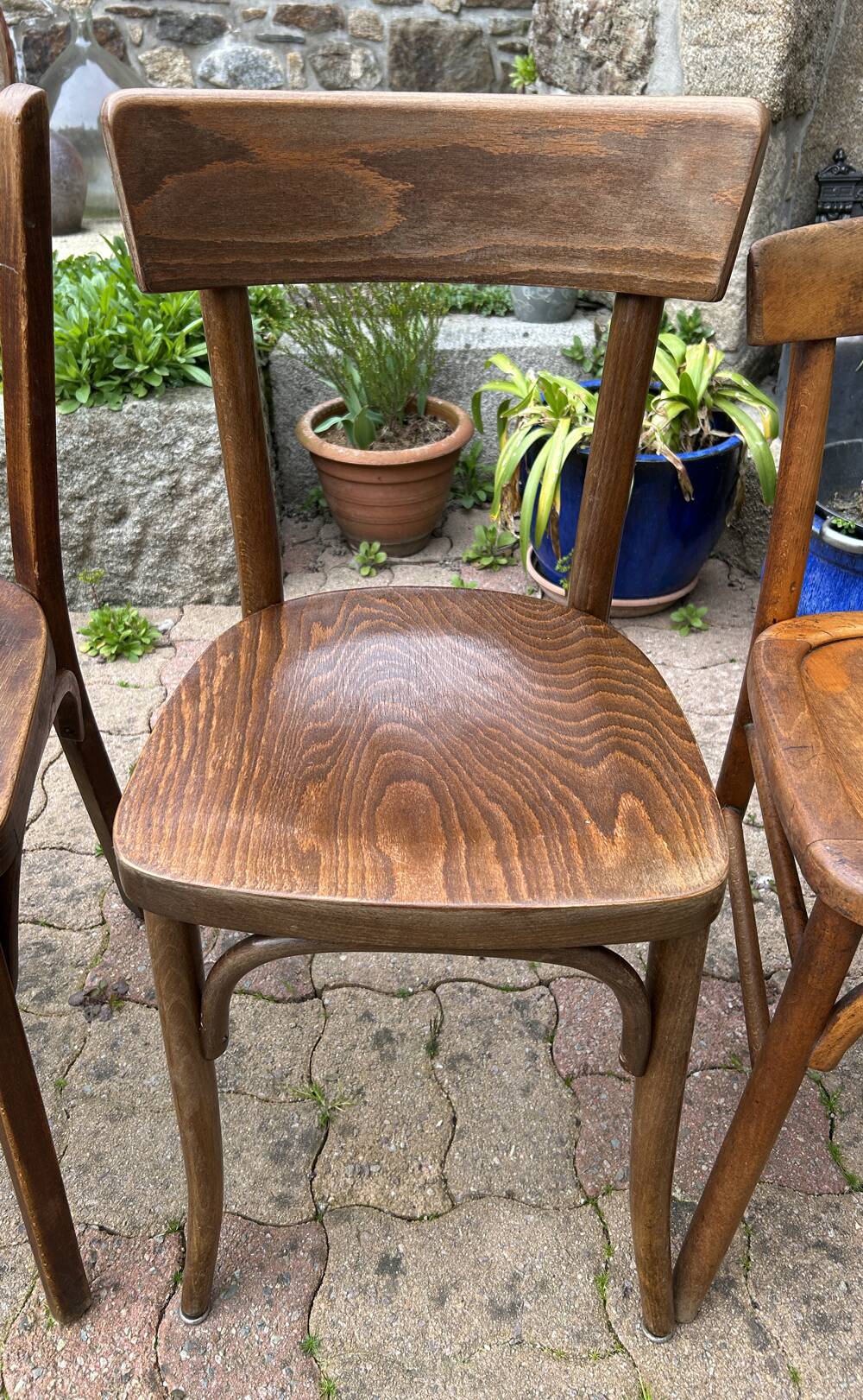 Set of 8 vintage bistro chairs, 50s, 60s, dark oak.