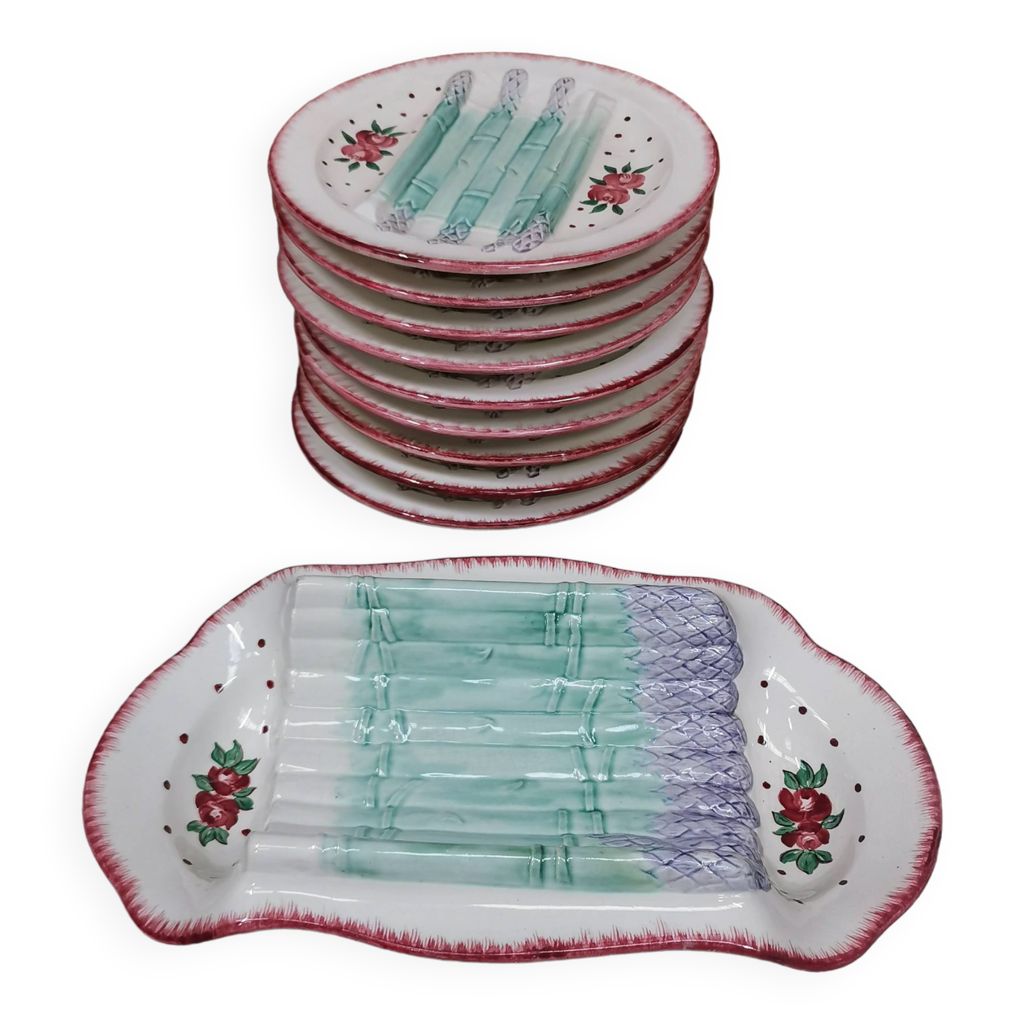 Plat et assiettes barbotine , service à asperges en faience de longchamp