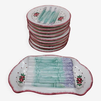 Plat et assiettes barbotine , service à asperges en faience de longchamp