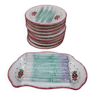 Plat et assiettes barbotine , service à asperges en faience de longchamp