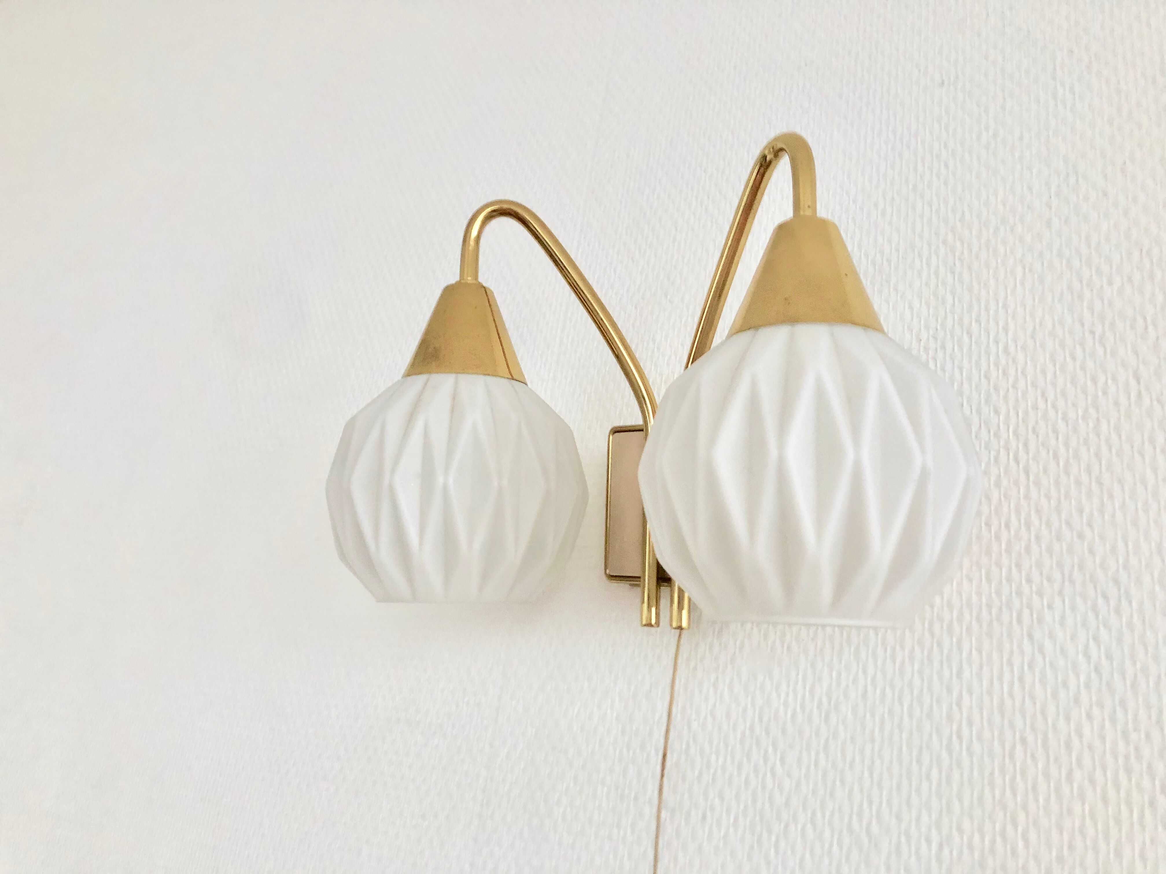 Pair of double origami opaline brass wall lamps
