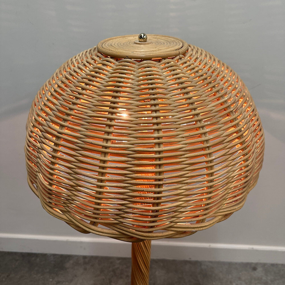 Large French rattan floor lamp, mushroom shade, vintage wicker standing lamp