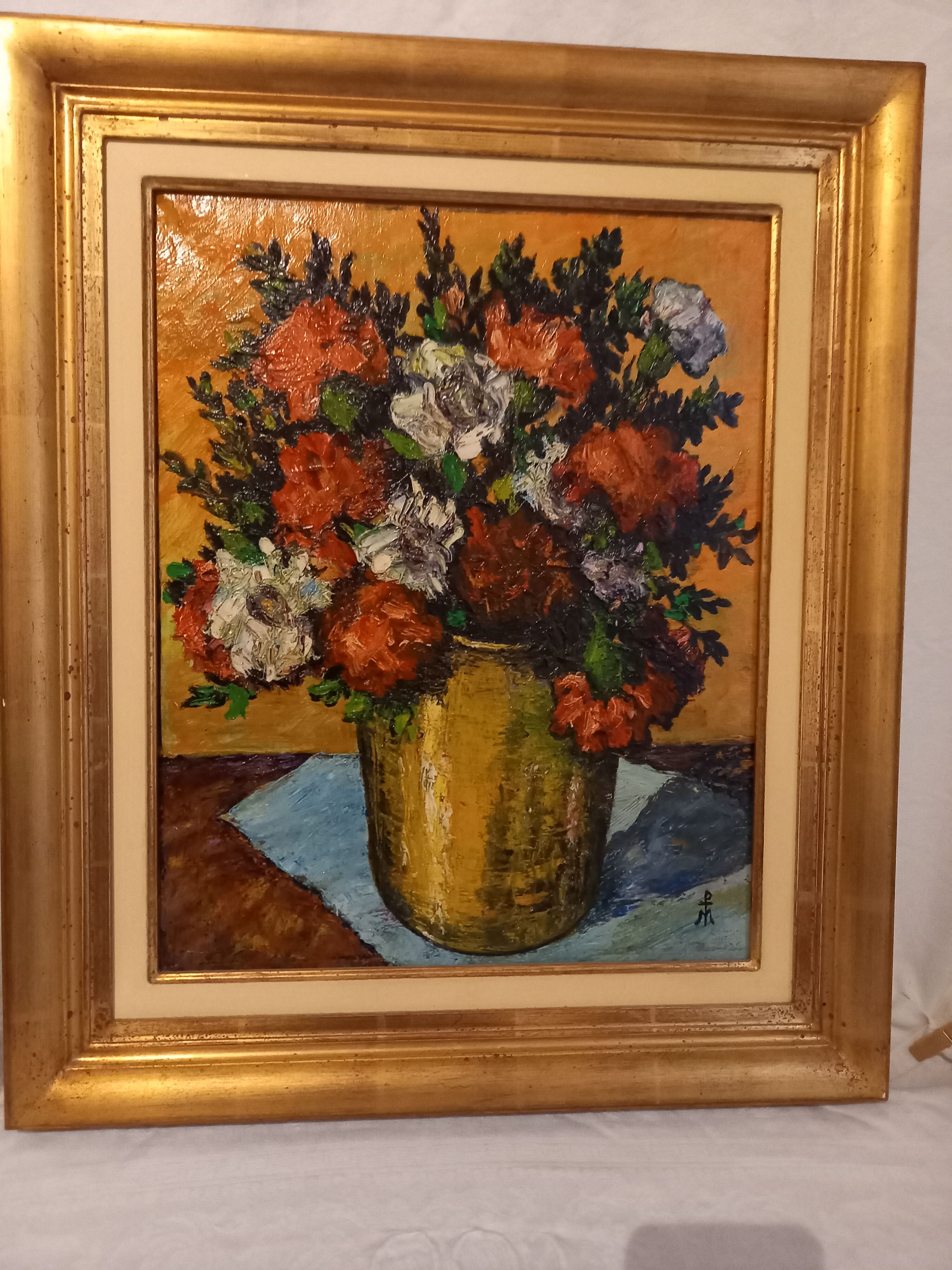 Old painting, oil on canvas, representing a bouquet of flowers, mid-twentieth century
