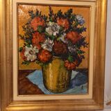 Old painting, oil on canvas, representing a bouquet of flowers, mid-twentieth century