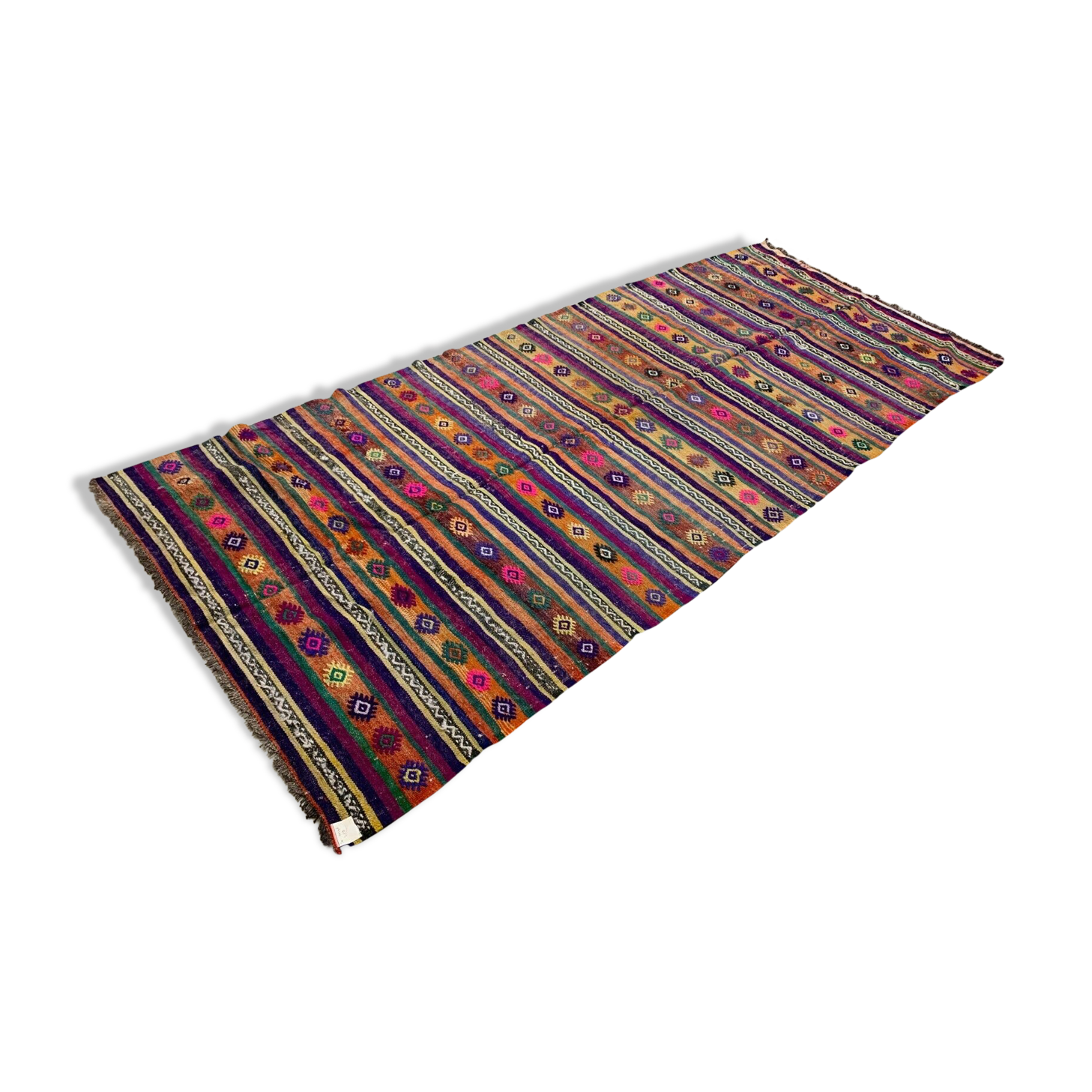 Colourful Vintage Turkish Kilim 318x138 cm Kelim Rug Wool Red Green Black Large