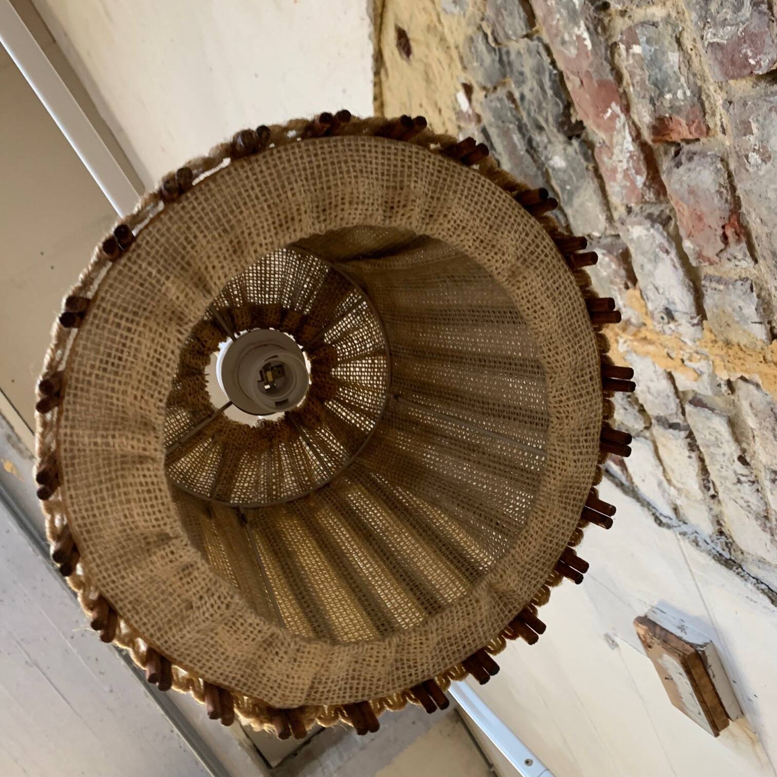 Vintage Scandinavian pendant light (1960s) in wood and linen