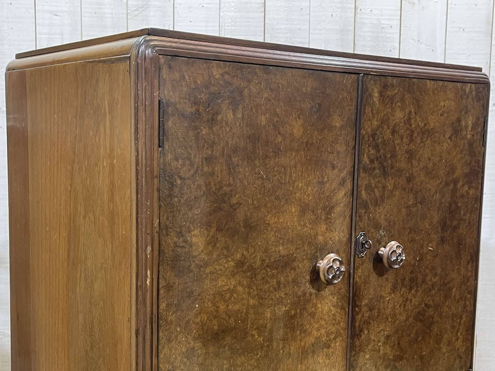 Small English Art Deco student wardrobe in walnut from the 1950s.