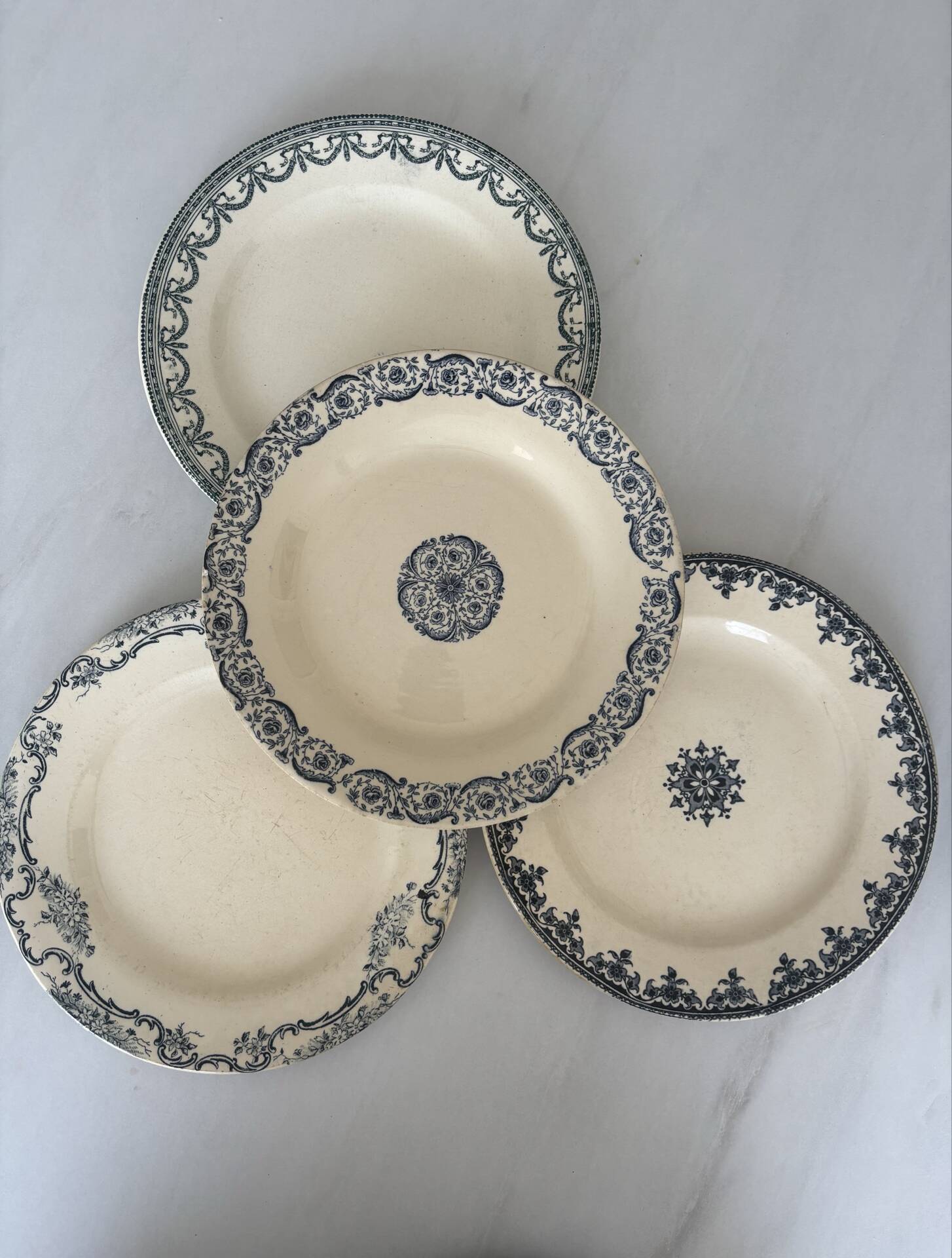 Lot 4 assiettes plate terre de fer bleu faïence ancienne - terre de fe