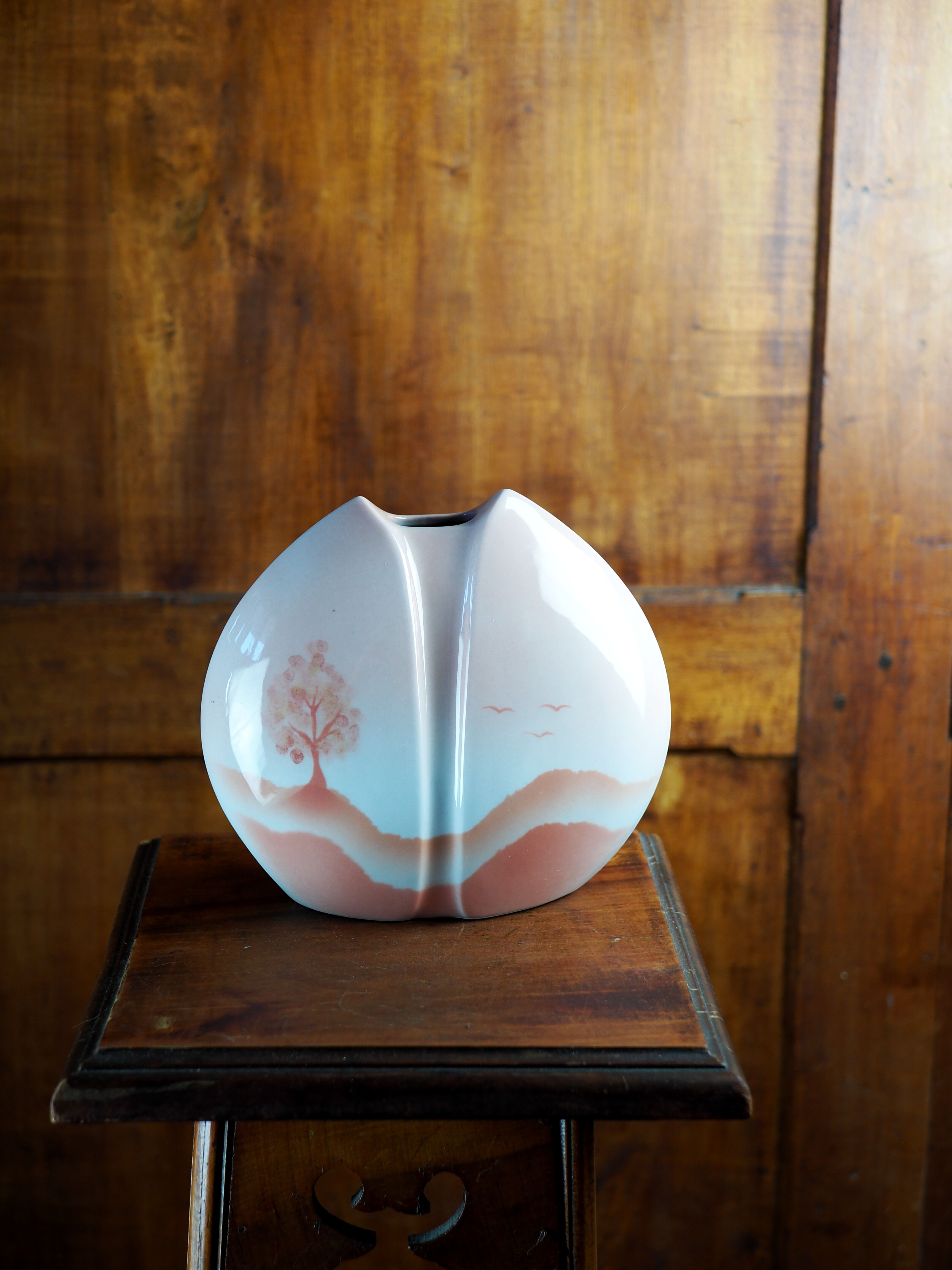 Pink lens vase, poetic landscape tree & flight of birds - Yves Mohy, porcelain of Virebent - ann