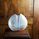 Pink lens vase, poetic landscape tree & flight of birds - Yves Mohy, porcelain of Virebent - ann