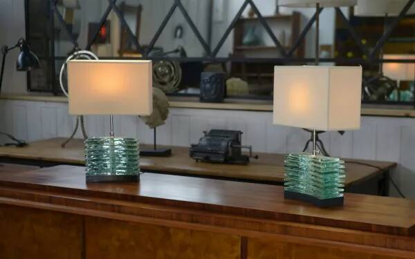Pair of brutalist lamps in raw glass and beige shades, 1960s