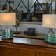 Pair of brutalist lamps in raw glass and beige shades, 1960s