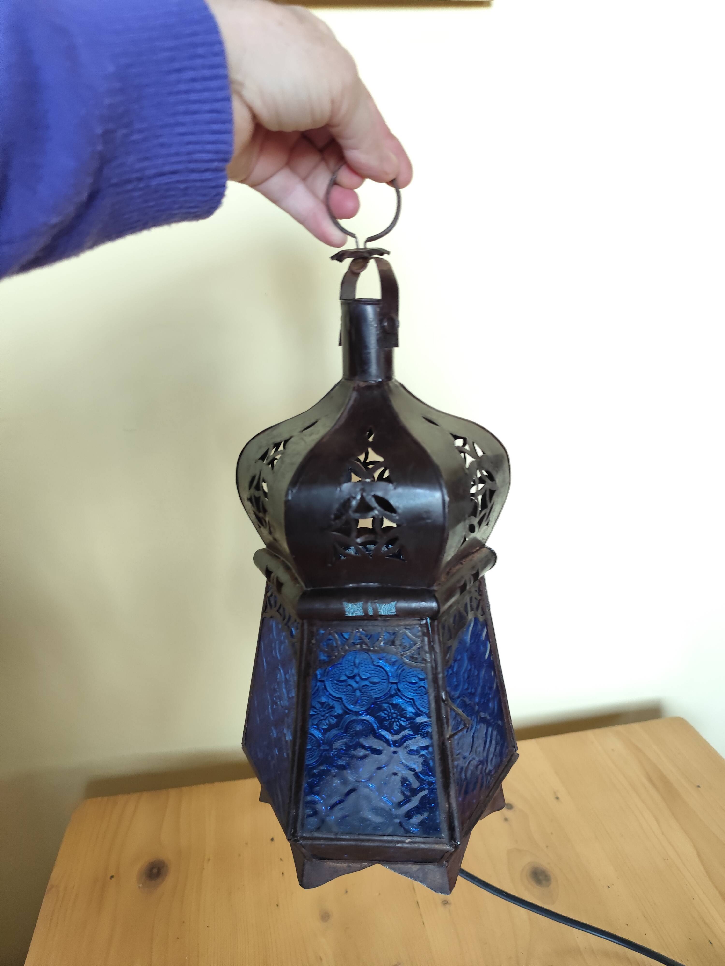 Blue hexagonal Moroccan lantern table lamp