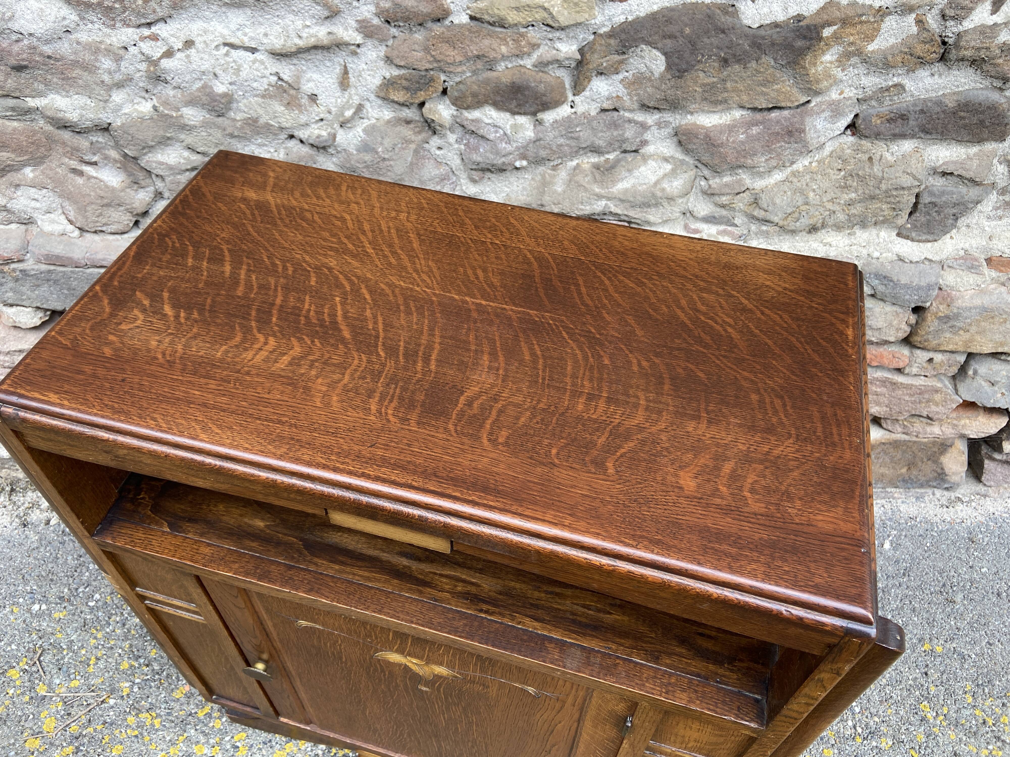 small Art Deco Parisian mid-century vintage 1950 oak sideboard with backsplash