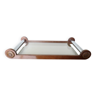 Large Art Deco table in oak, chrome metal, and clear glass, 1920s/30s.