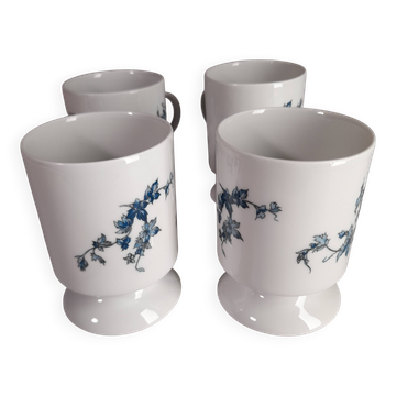 Set of 4 blue flower mugs / cups in Limoges porcelain Castel