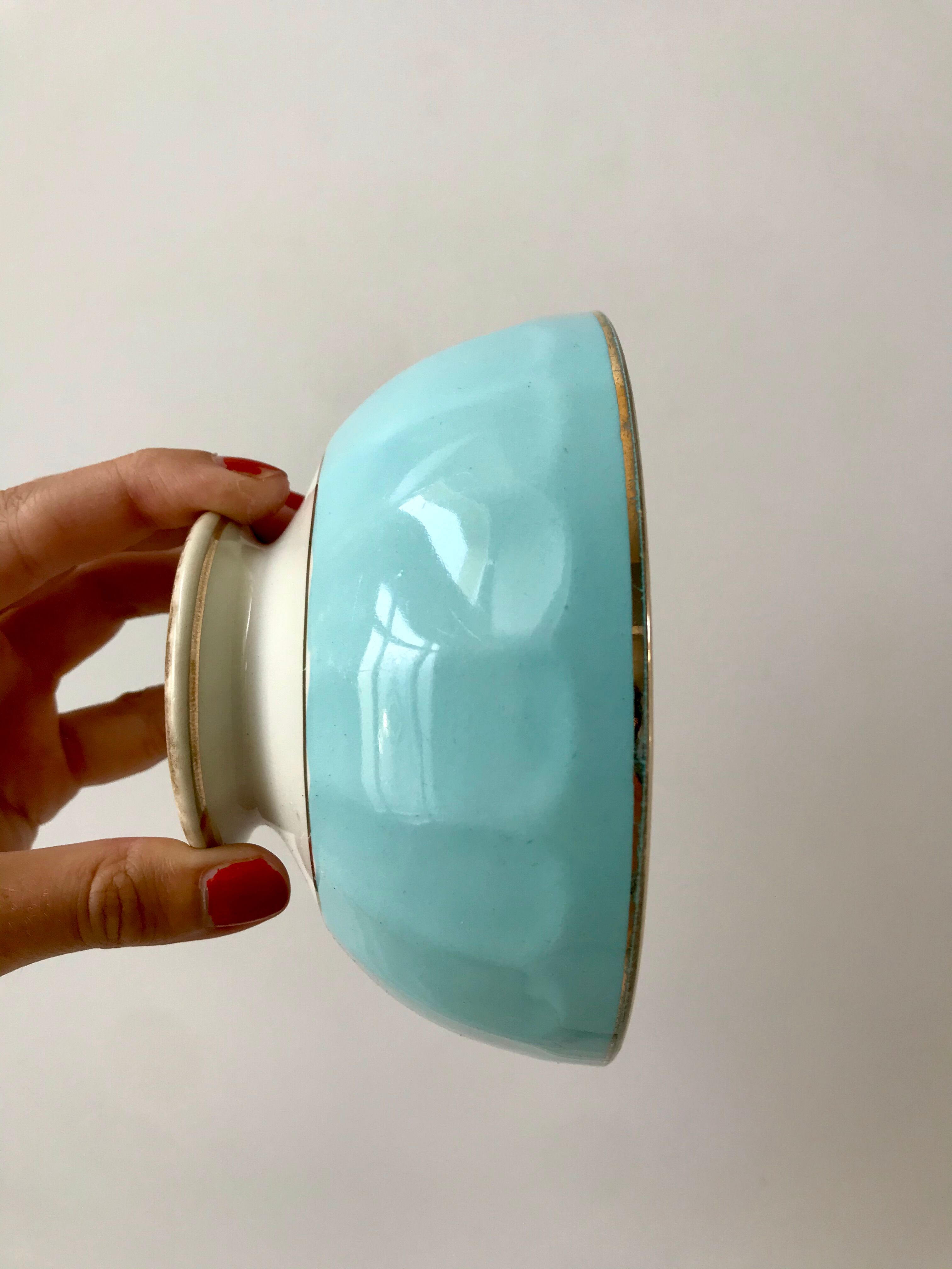 earthenware bowl Moulins des Loups sky blue and edging 40s-50s