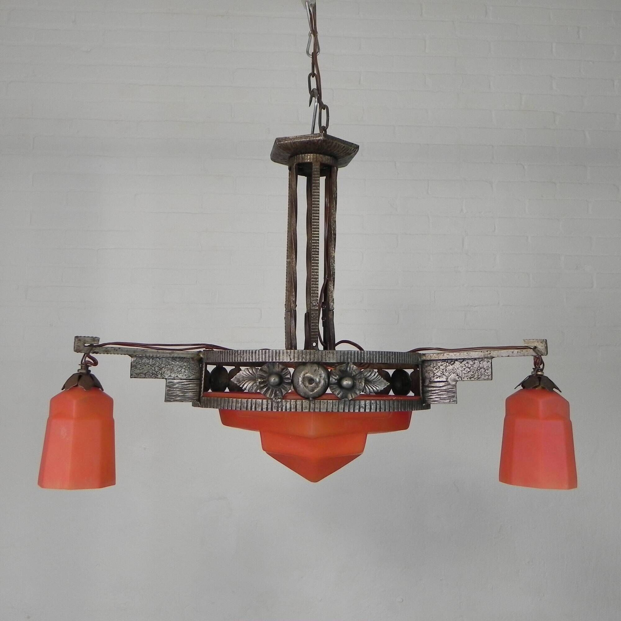 Art Deco pendant lamp with glass bowl and 3 chalices, 1930s