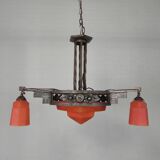 Lampe suspendue Art Déco avec bol en verre et 3 calices, années 1930