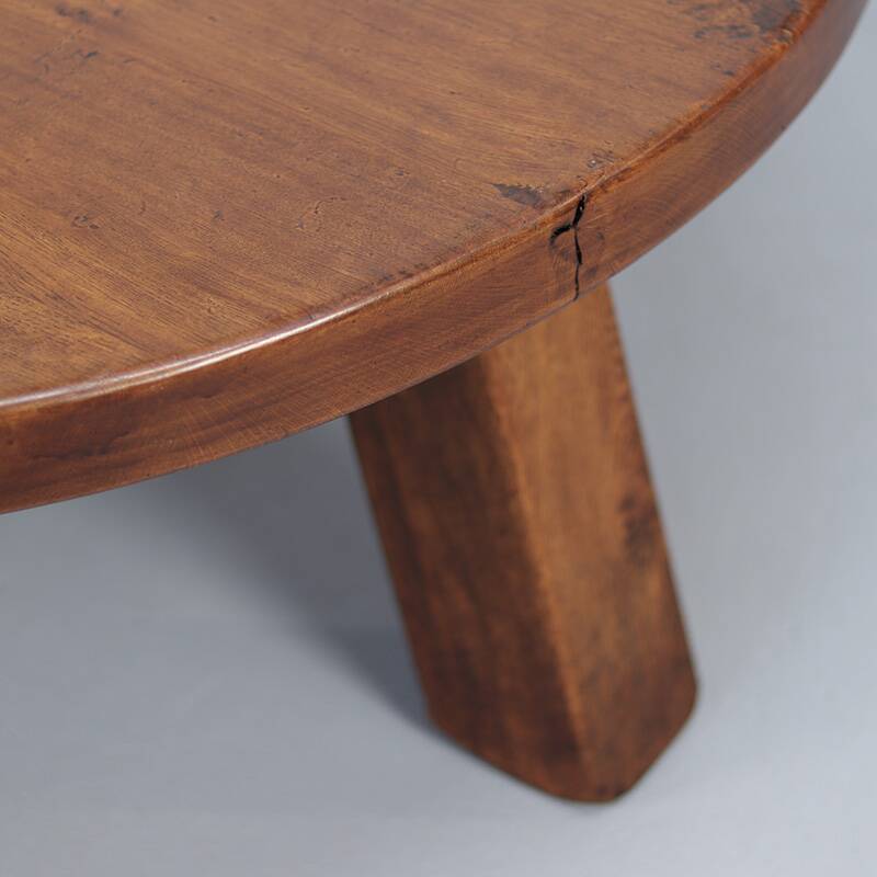Large vintage round coffee table in raw oak brutalism.
