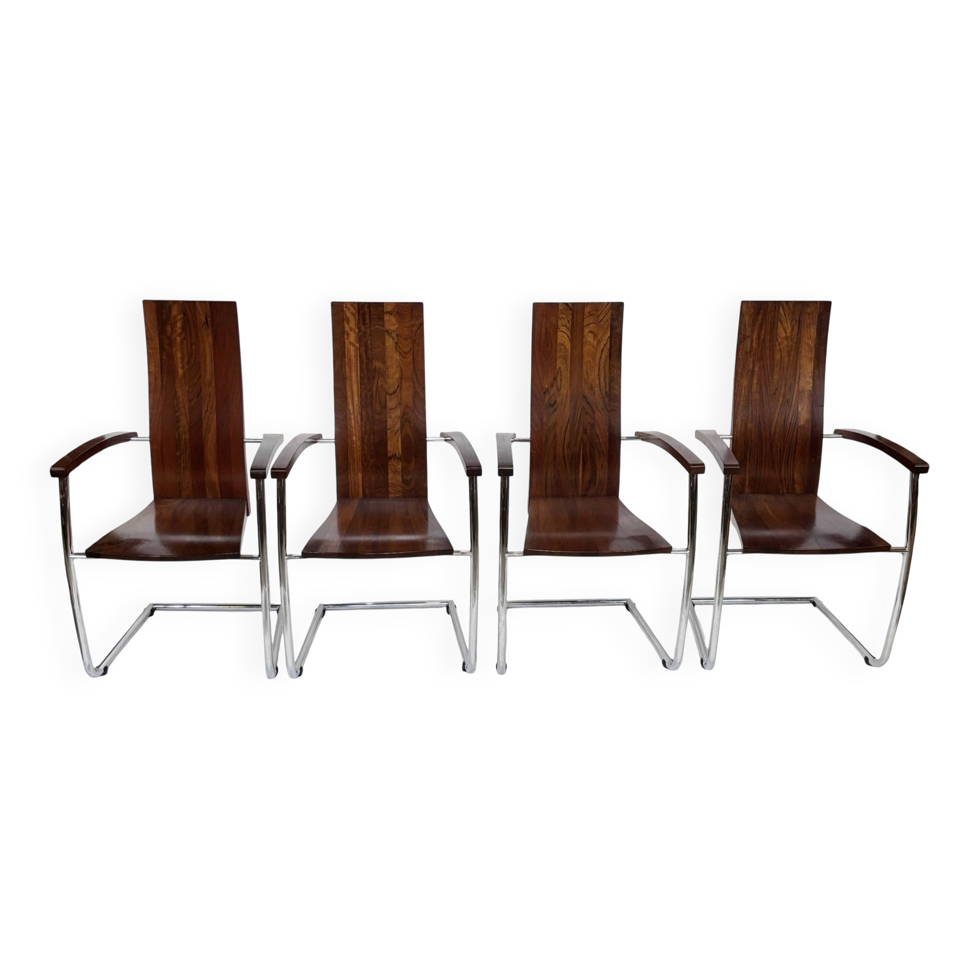 Ensemble vintage de quatre chaises design en hêtre massif chrome