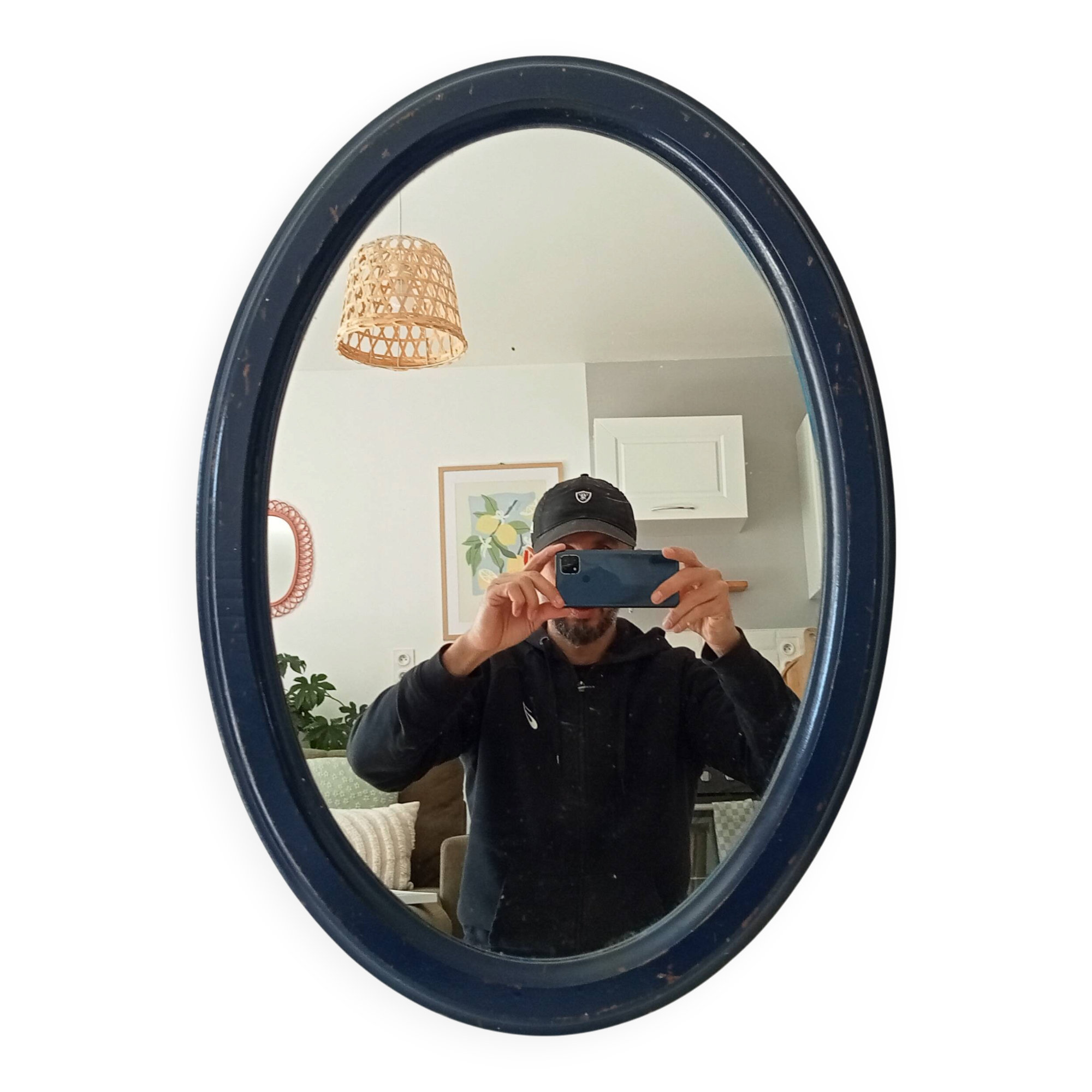 Vintage oval mirror in petrol blue wood