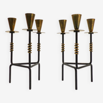 2 Scandinavian black lacquered and brass tripod candle holder Nils-Johan Sweden