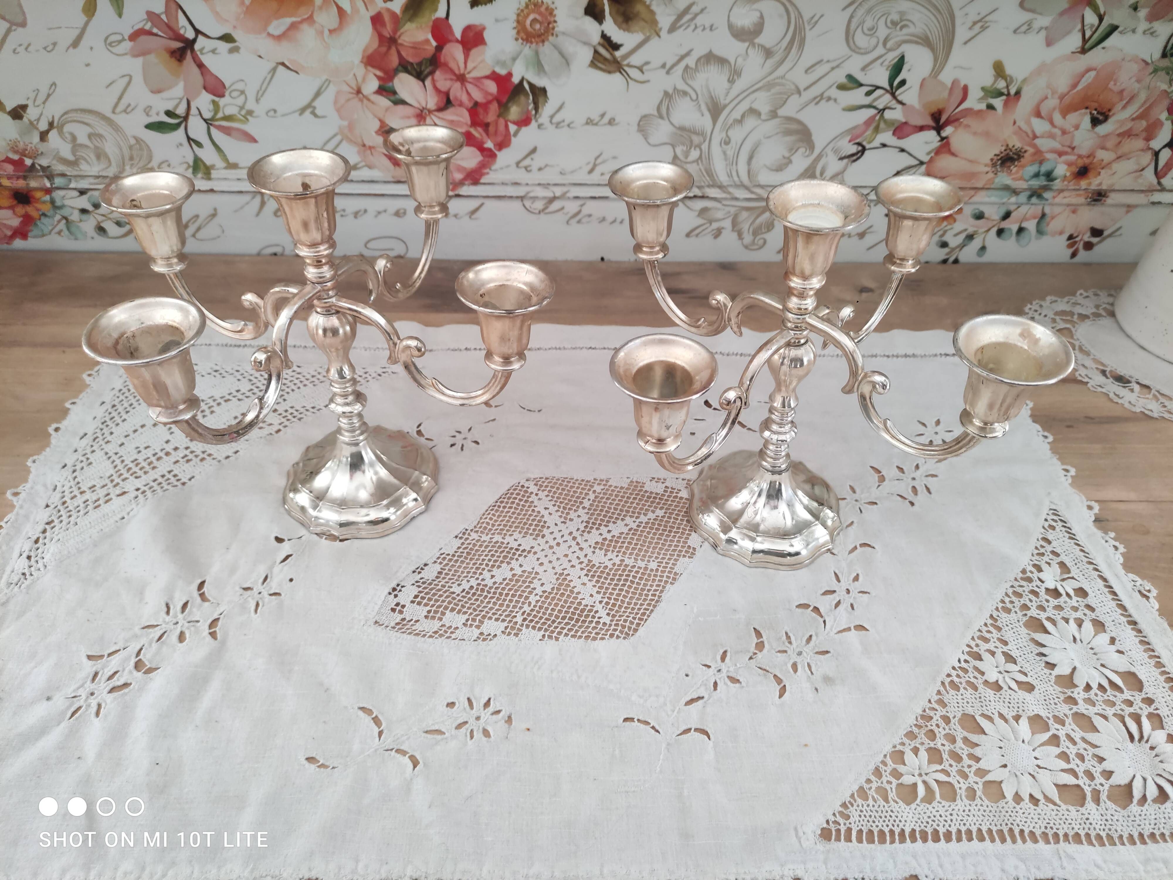 Set of 2 5-branched candlesticks in silver metal Versilbert 1950s