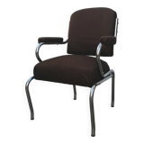 Space age designer armchair with chrome base and brown fabrics vintage 1960