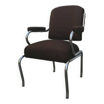 Space age designer armchair with chrome base and brown fabrics vintage 1960