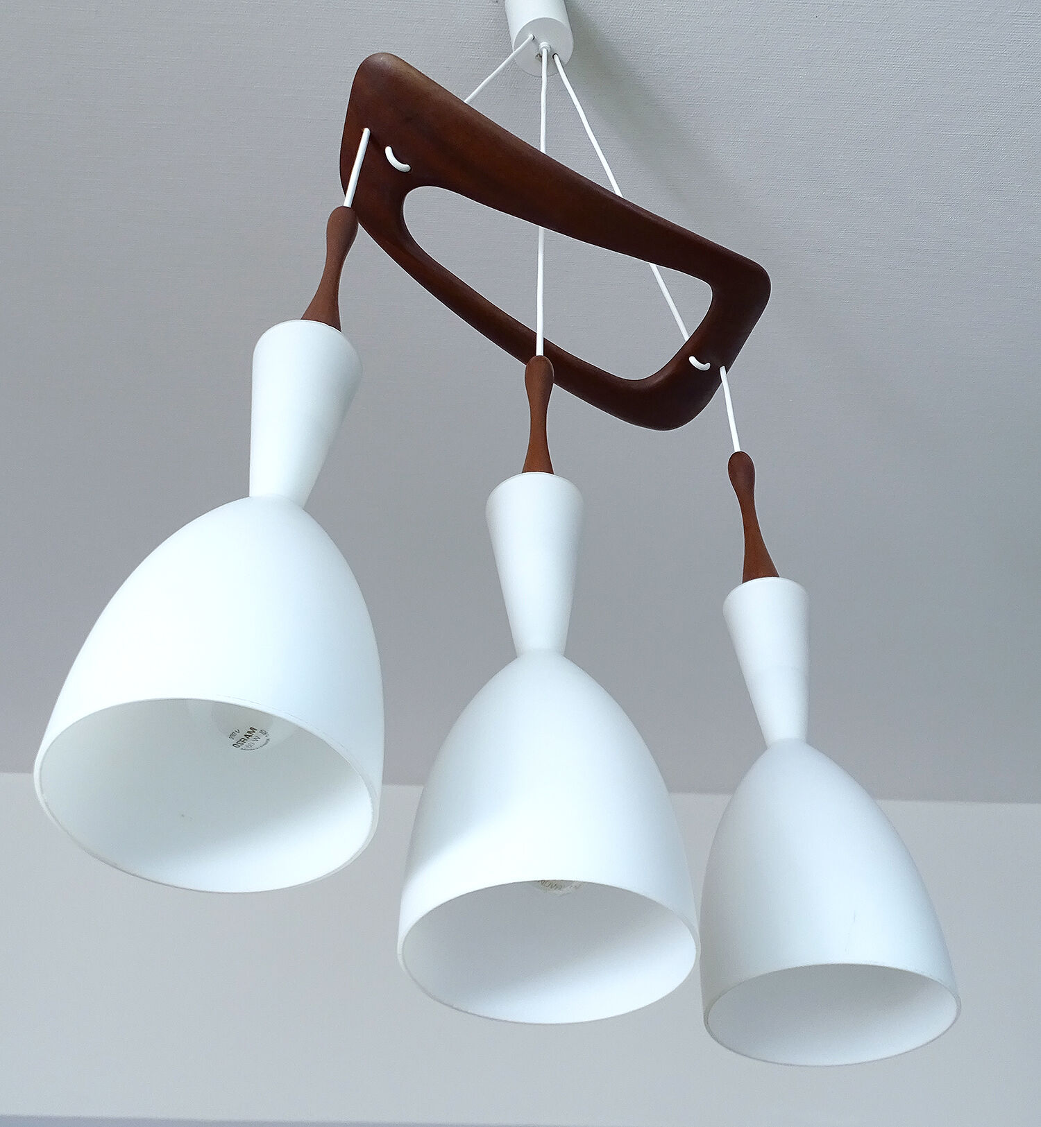 Scandinavian pendant lamp vintage, teak and opaline glasses, 50s