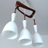 Scandinavian pendant lamp vintage, teak and opaline glasses, 50s