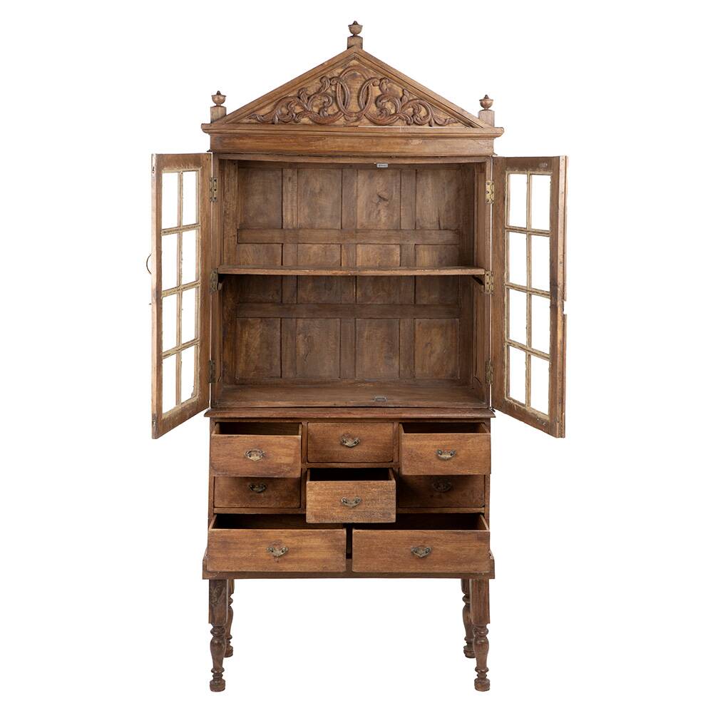 Large glass cabinet with 8 wooden drawers