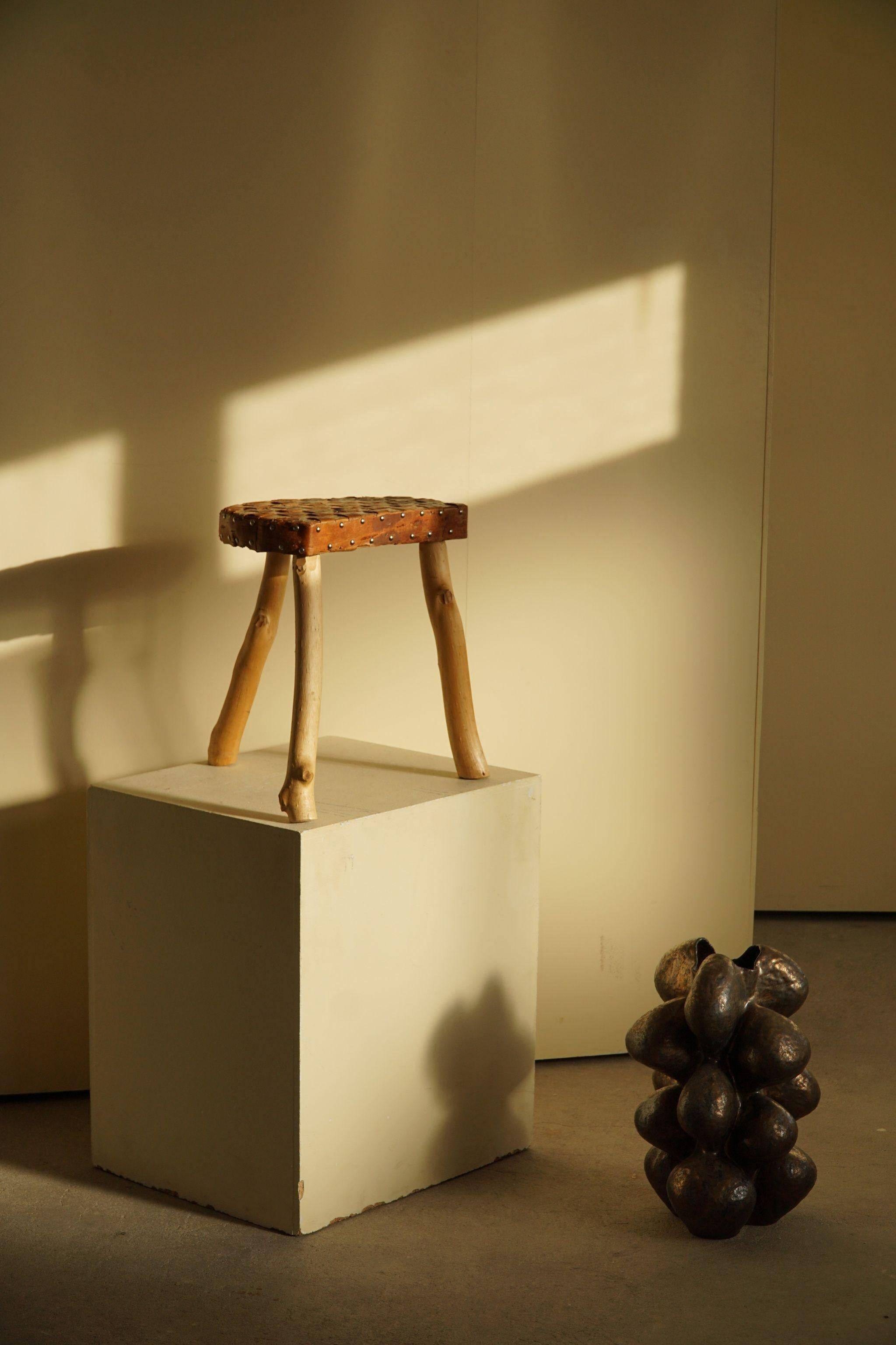 Modern Danish handmade organic wood tripod stool Wabi Sabi, 1960s