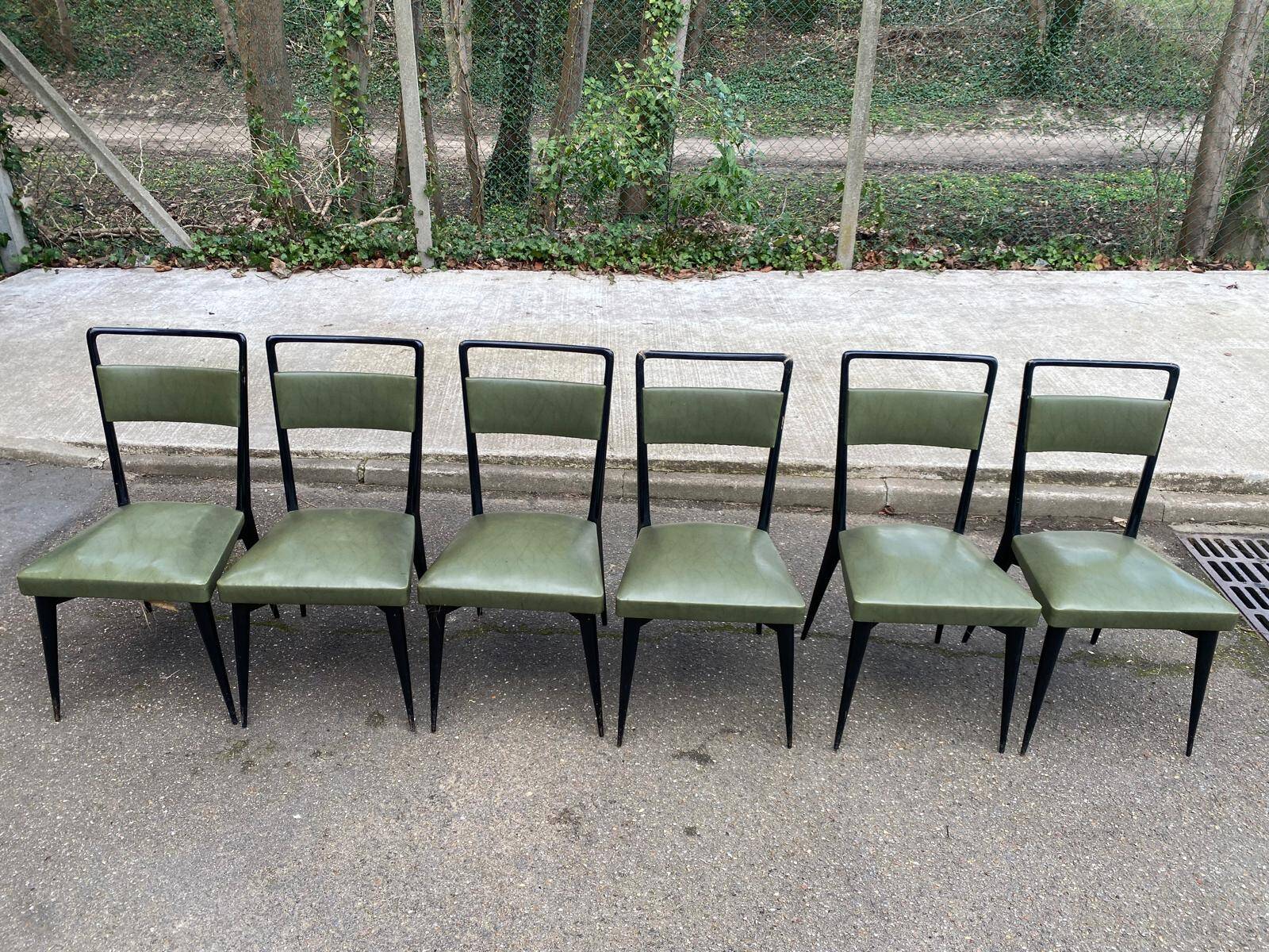 6 Italian design dining chairs in Scandinavian style with wood and olive green leather.