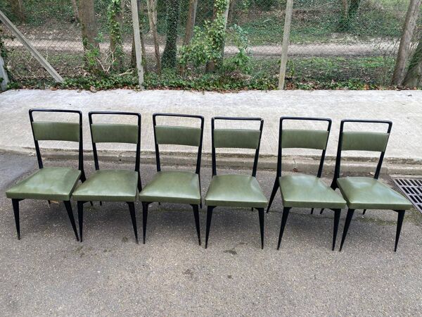 6 chaises à manger italienne design scandinaves bois et cuir vert olive