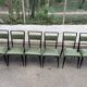 6 Italian design dining chairs in Scandinavian style with wood and olive green leather.
