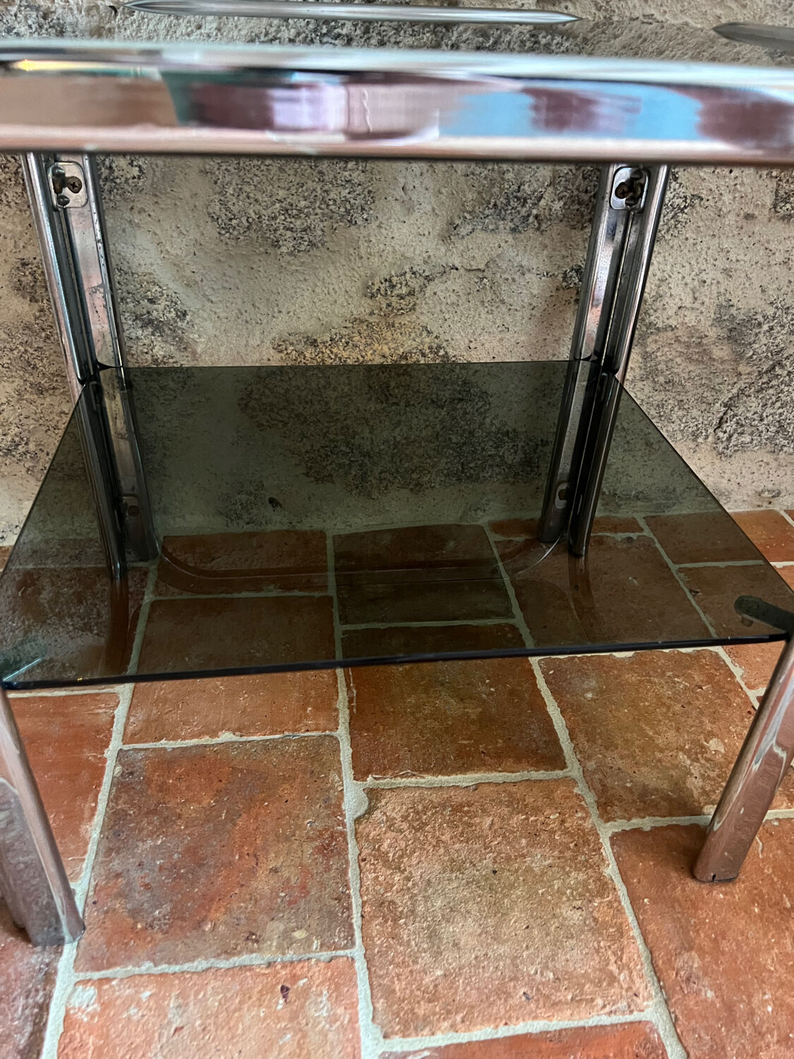 Chrome end table/side table and smoked glass