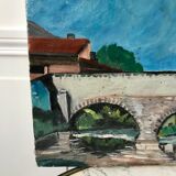 Oil painting on canvas landscape bridge and old river