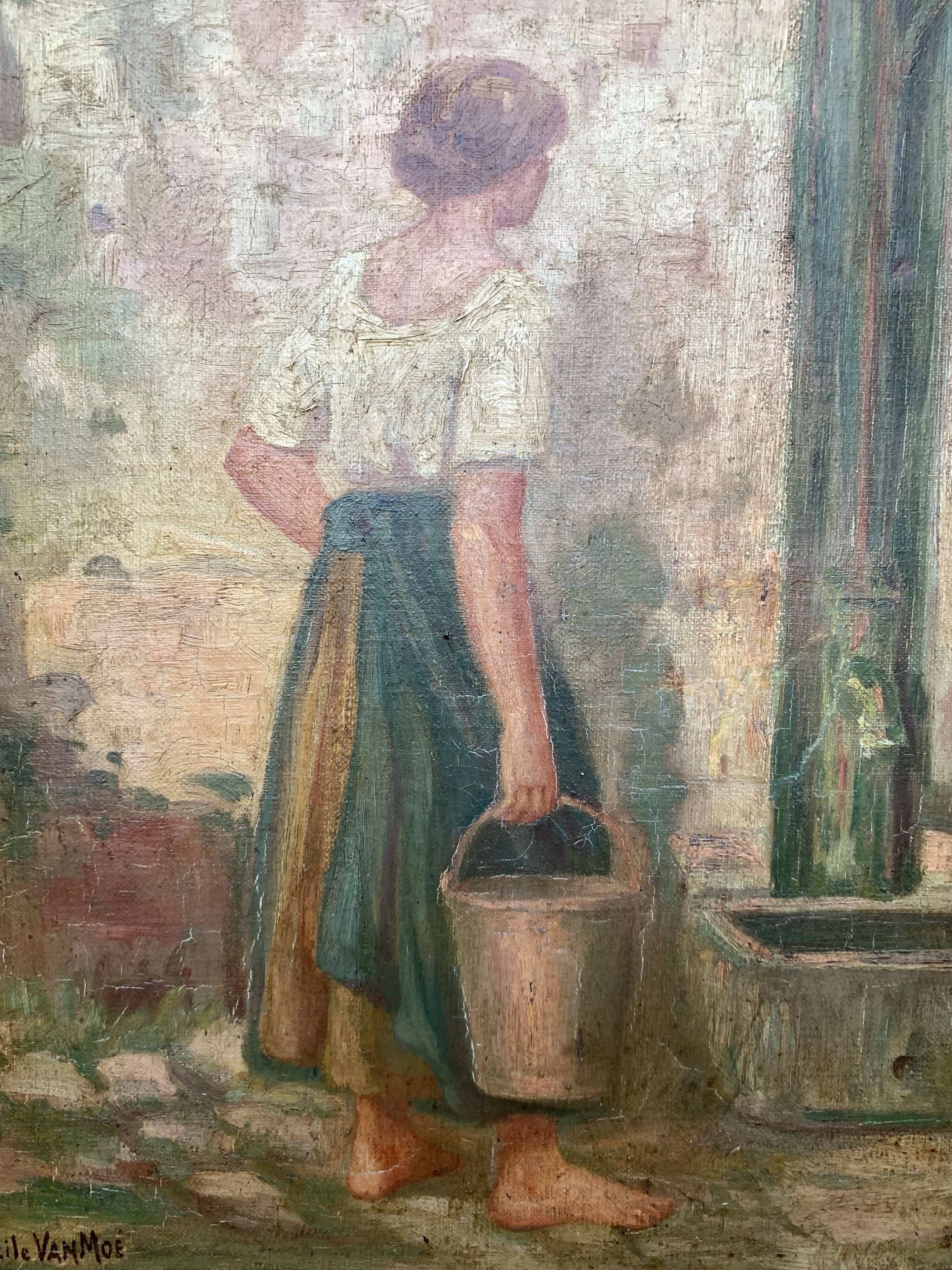 Cécile Van Moé. 19th Century Charming oil on canvas presenting a young woman near a well.