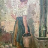 Cécile Van Moé. XIXe Charmante huile sur toile présentant une jeune femme près d’un puits.