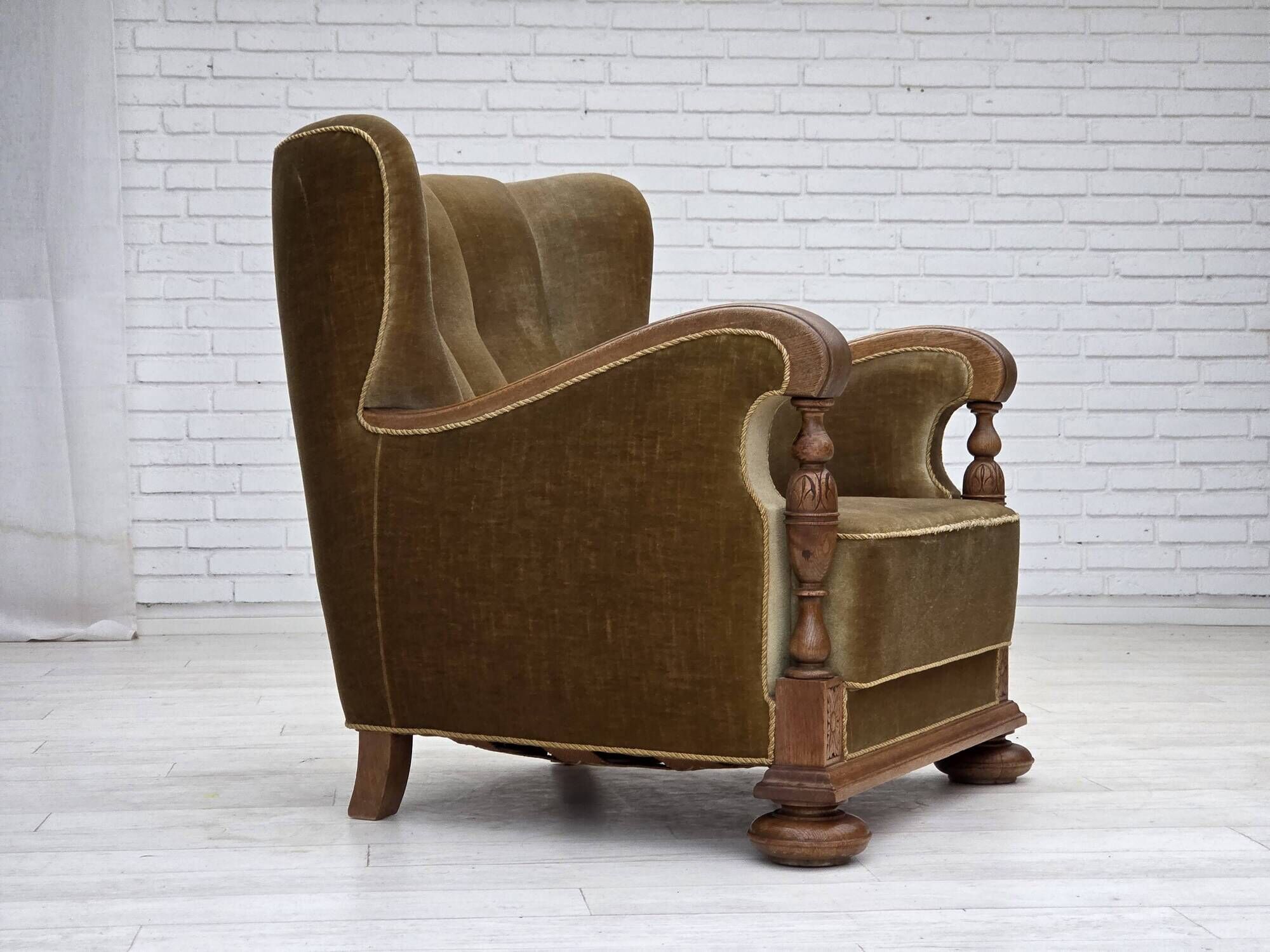 1960s, Danish armchair, green furniture velour, solid carved oak wood.