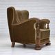 1960s, Danish armchair, green furniture velour, solid carved oak wood.