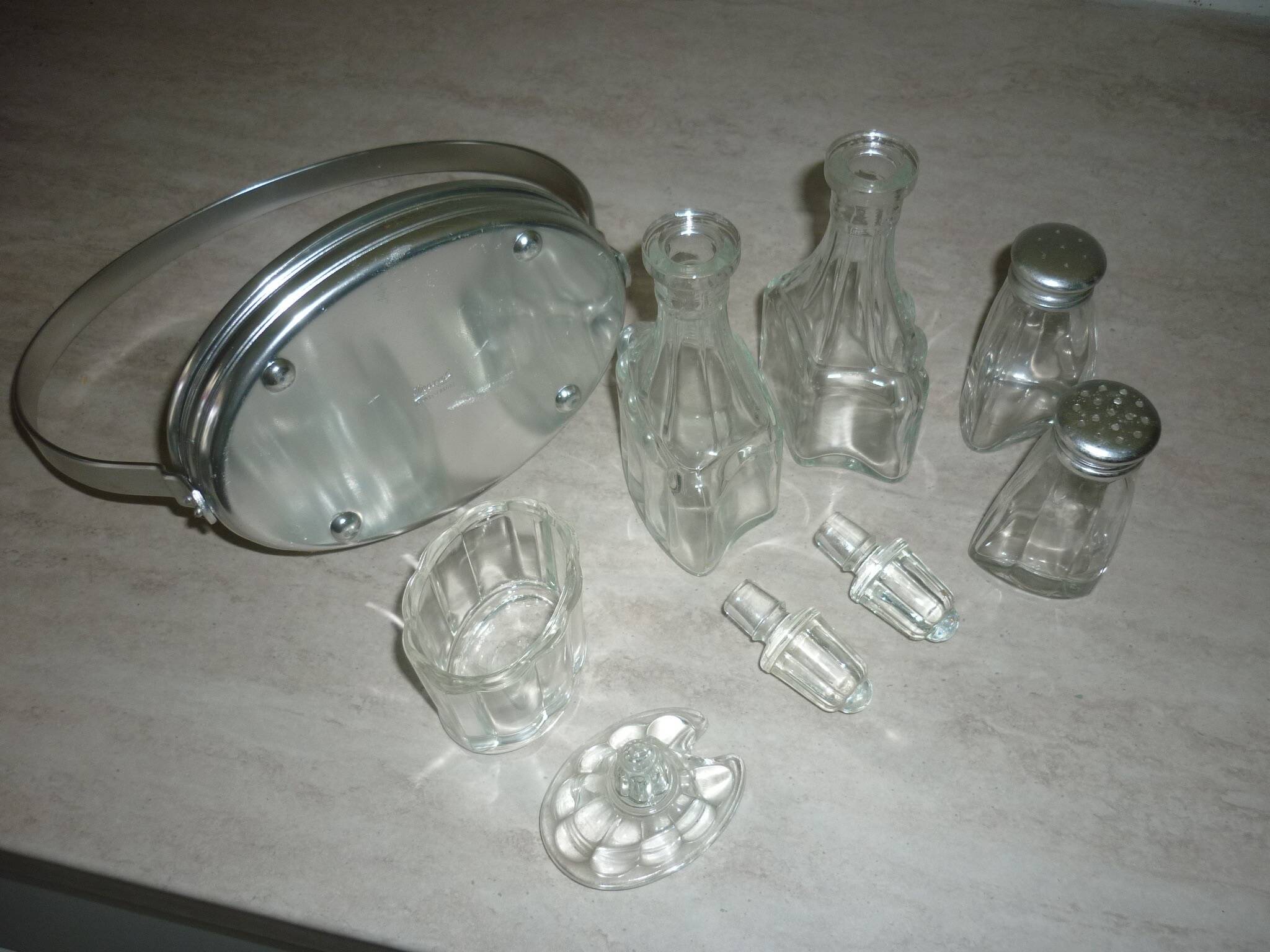 Oil vinegar salt pepper and mustard condiment server