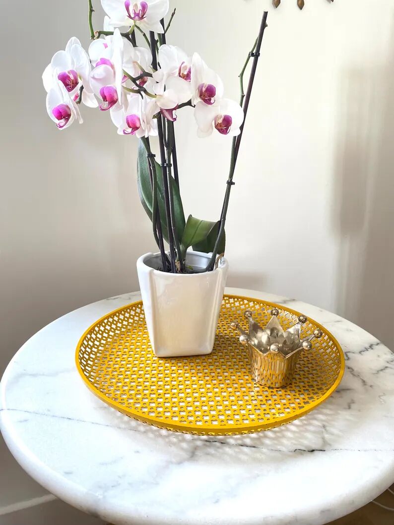 Mathieu Matégot round perforated metal tray, yellow, France 1950s