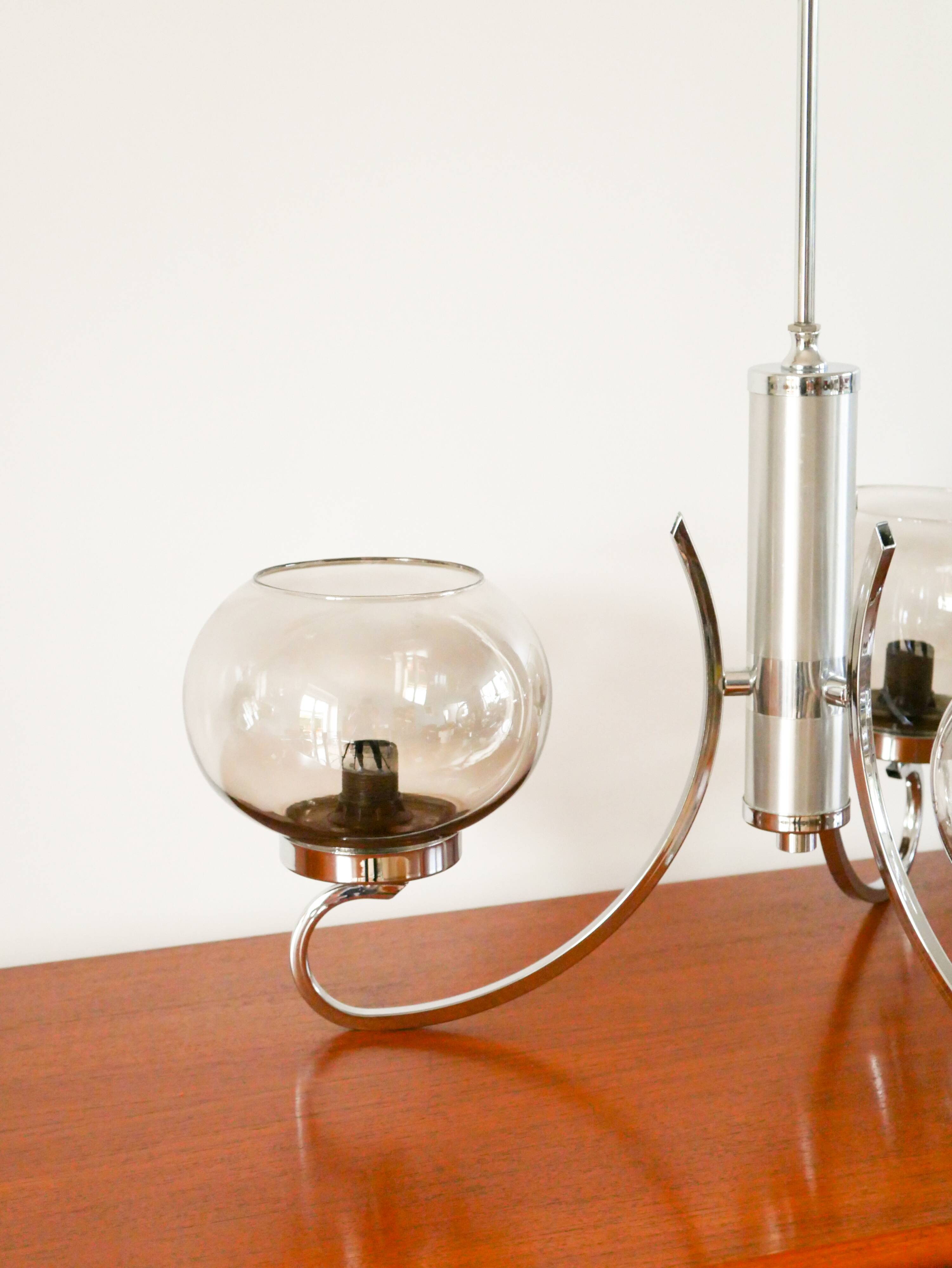 Chandelier Gaetano Sciolari, 4 lights, in chrome and smoked glass, 1970.