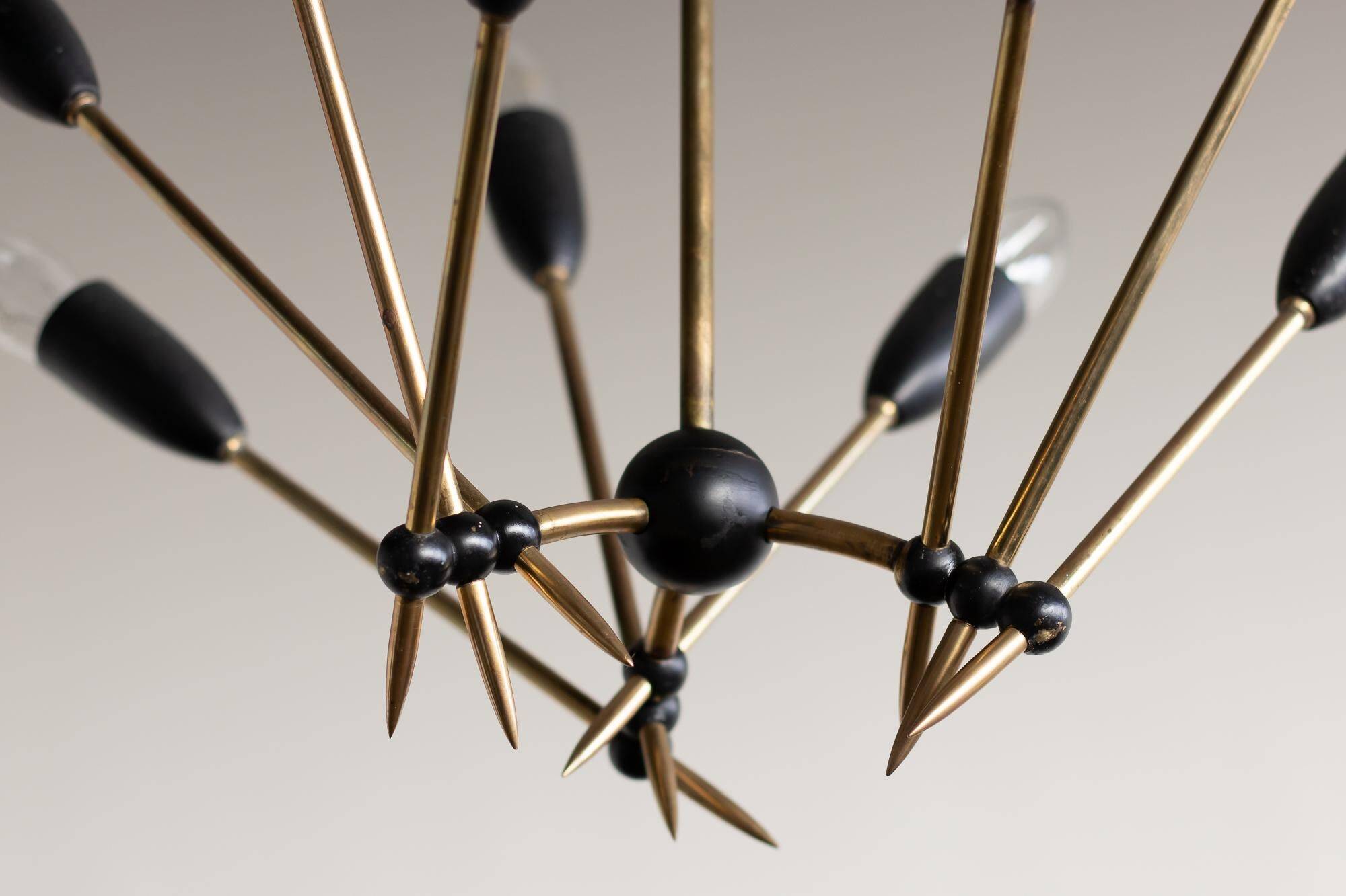 Brass chandelier with nine lights Stilnovo, Italy, 1950s