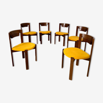 Set of 6 Scandinavian style chairs Girsberger 70s vintage solid wood mustard yellow